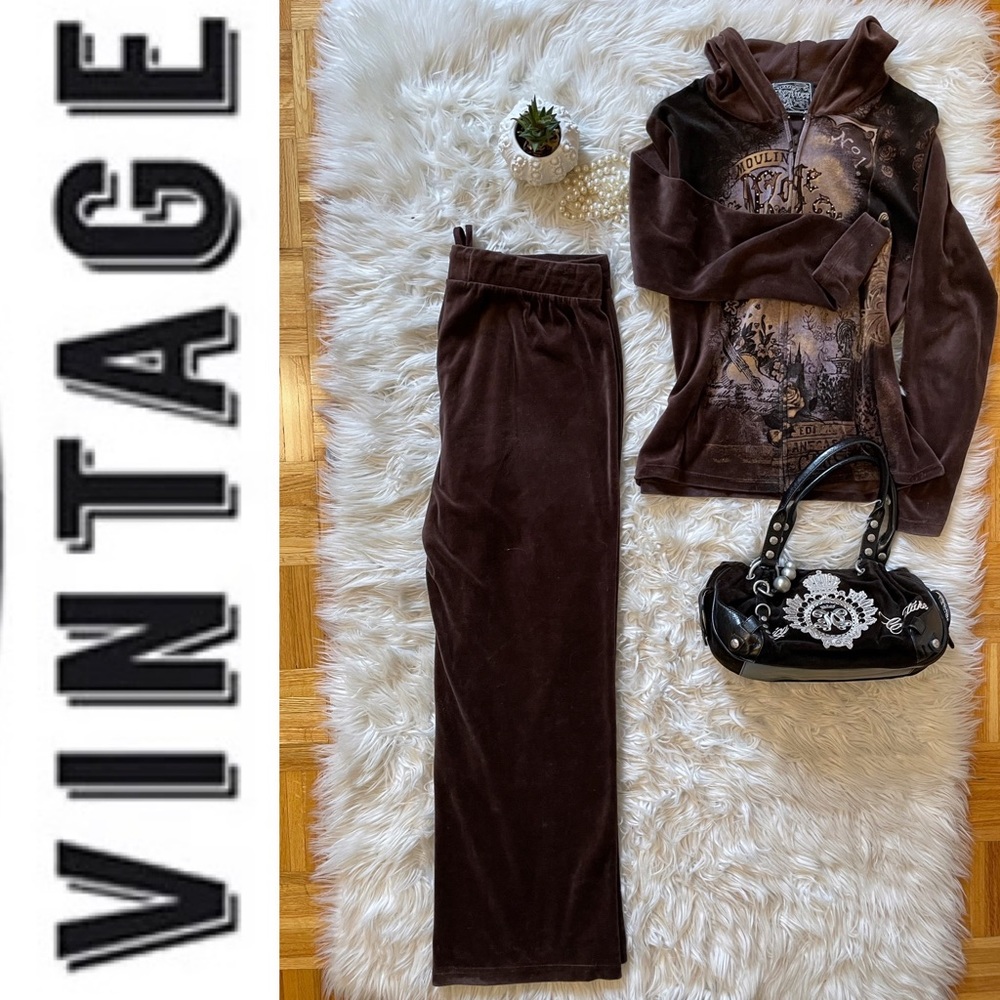 🔥Rare🔥 Y2K Vintage Brown Velour Embellished Track Suit, XL, Made in 🇺🇸